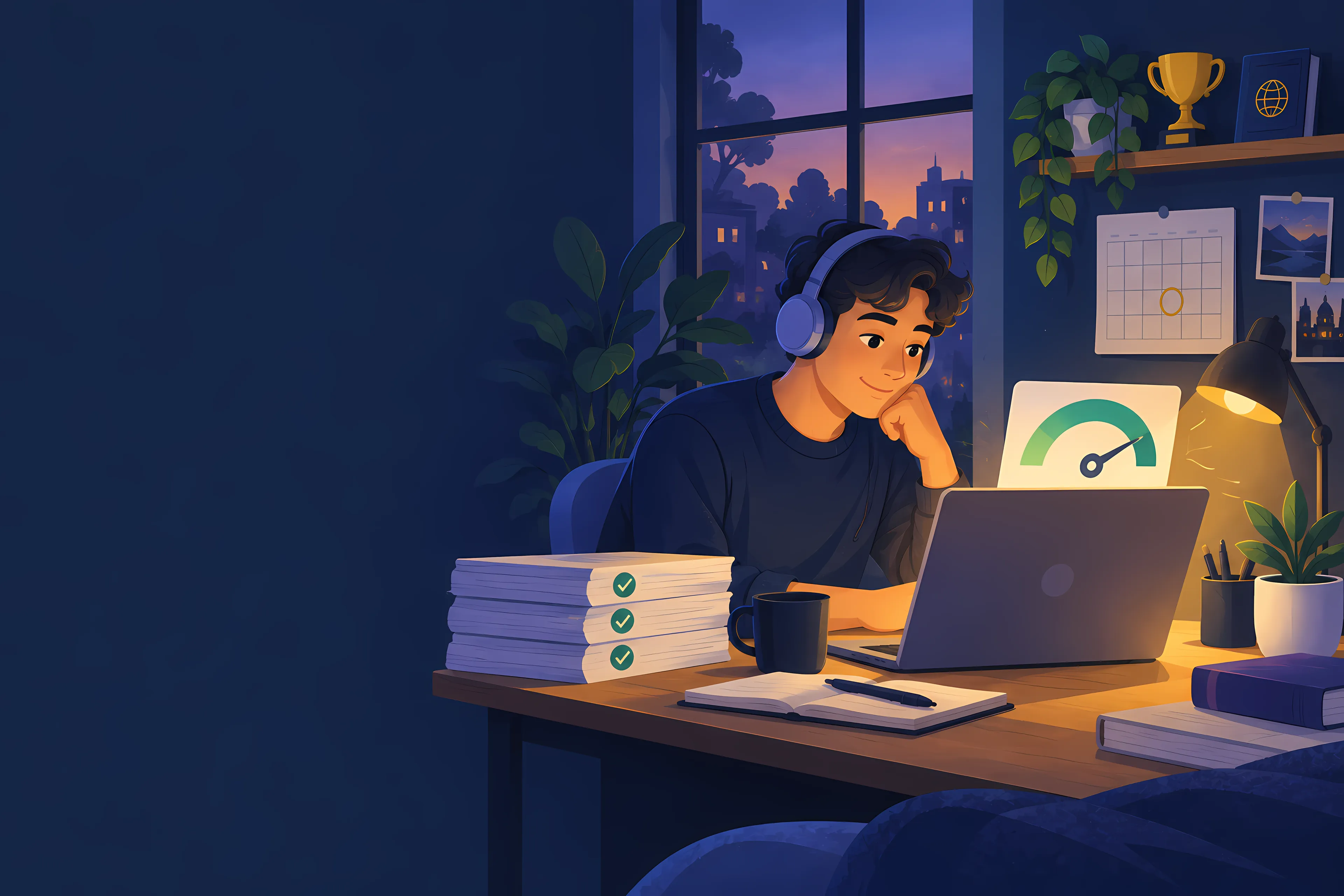 A young candidate studies at a desk at dusk, a score gauge glowing on the laptop.